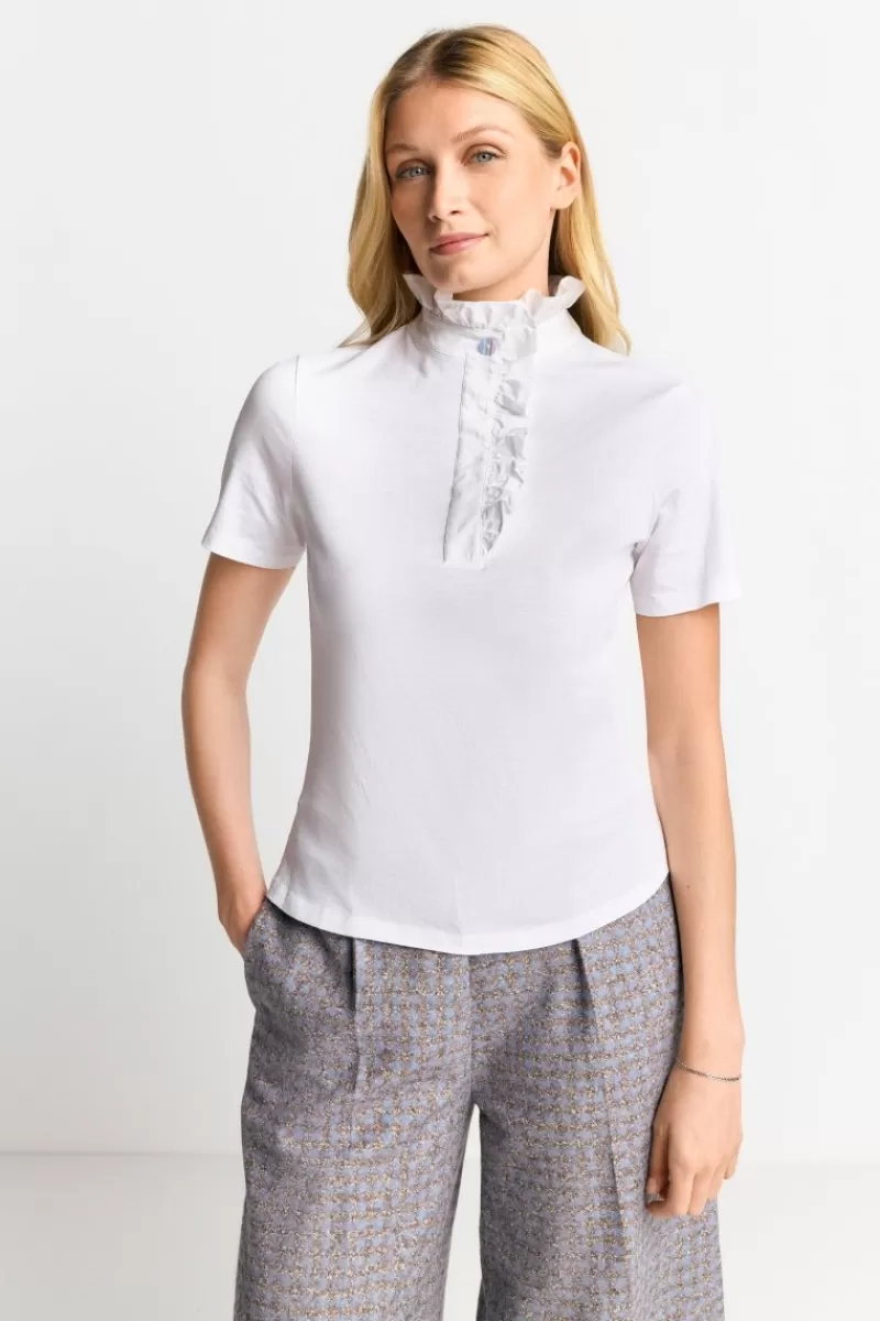 Rich & Royal Weißes T-Shirt Mit Frill-Kragen | Damen T-Shirts